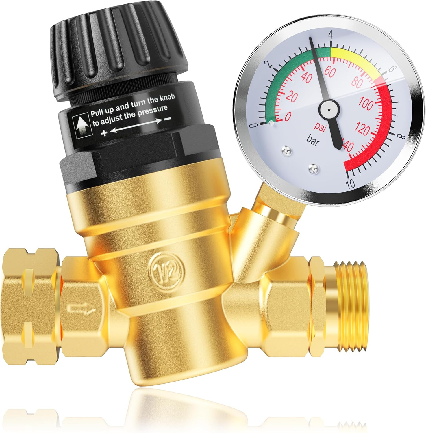 RV Water Pressure Regulator Valve, Brass Lead-Free Adjustable Water Pressure Red