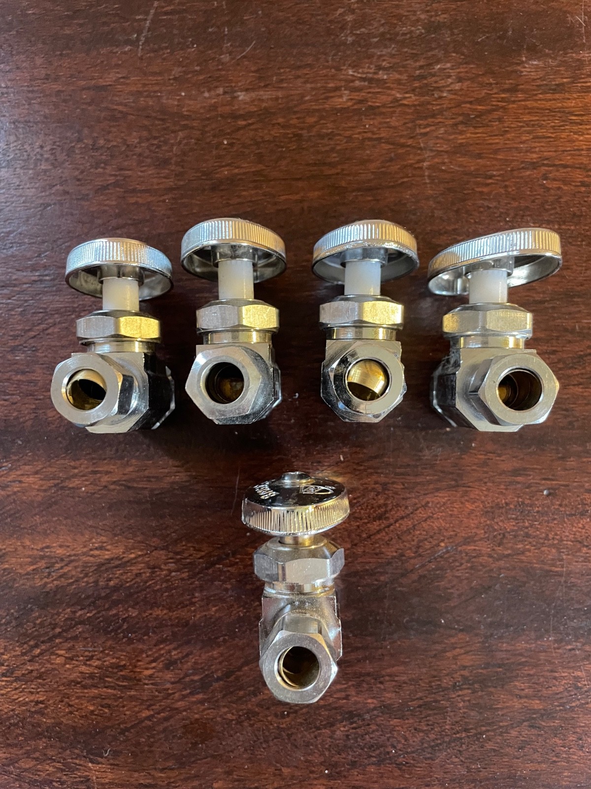 Lot of 5 – BrassCraft Multi Turn Straight Stops 4-5/8″FIPx3/8″Comp, 1- 0.5″Sweat