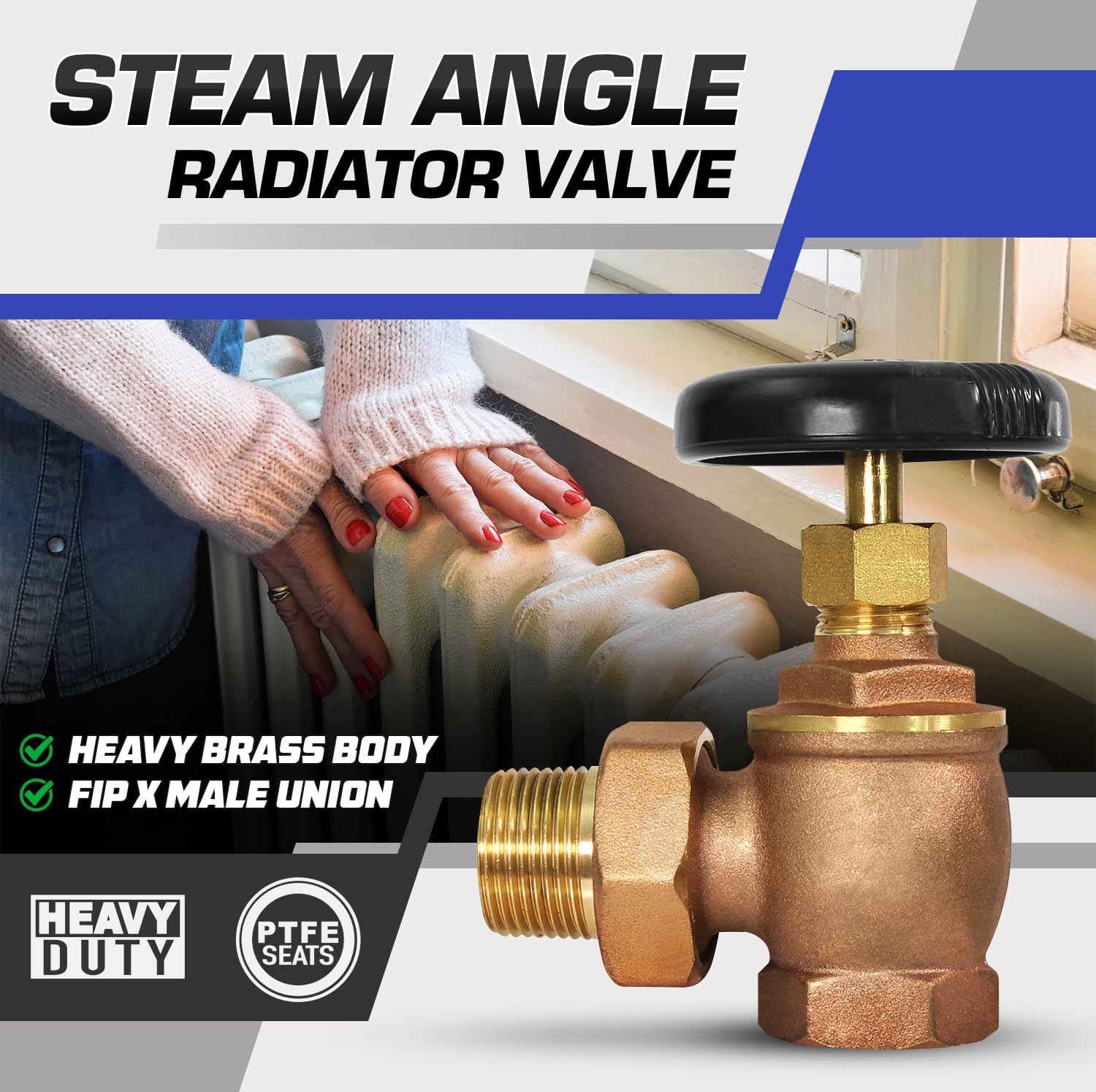 Steam Angle Radiator Valve 3/4 Inch FIP x Male Union Heavy Duty Brass Handle