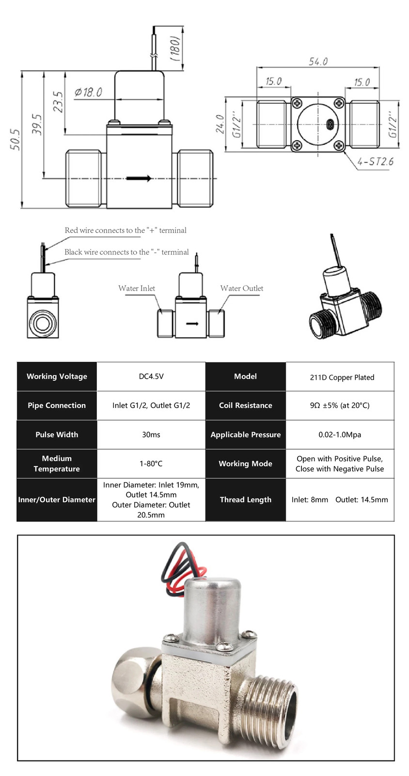 Automatic Urinal Flush Valve DC4.5V G1/2 Latching Solenoid Sensor Controller