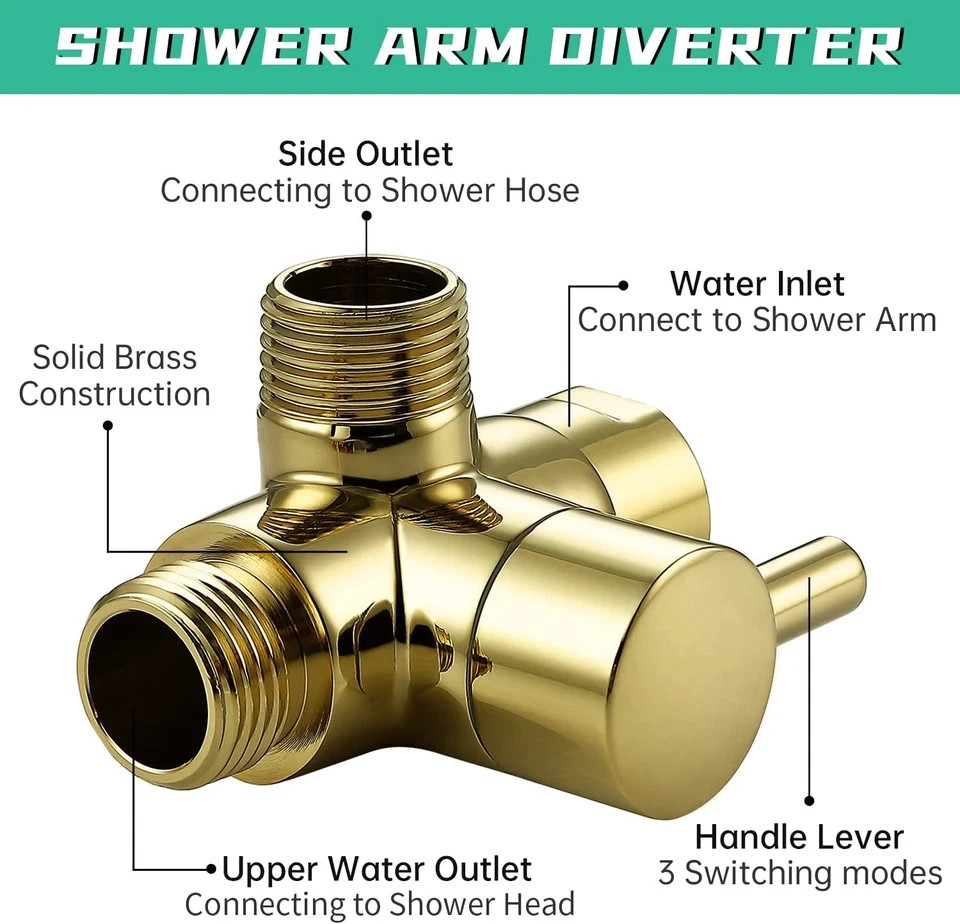 All Metal Shower Arm Diverter, G 1/2 3 Way Diverter Valve for Hand Held Showerhe