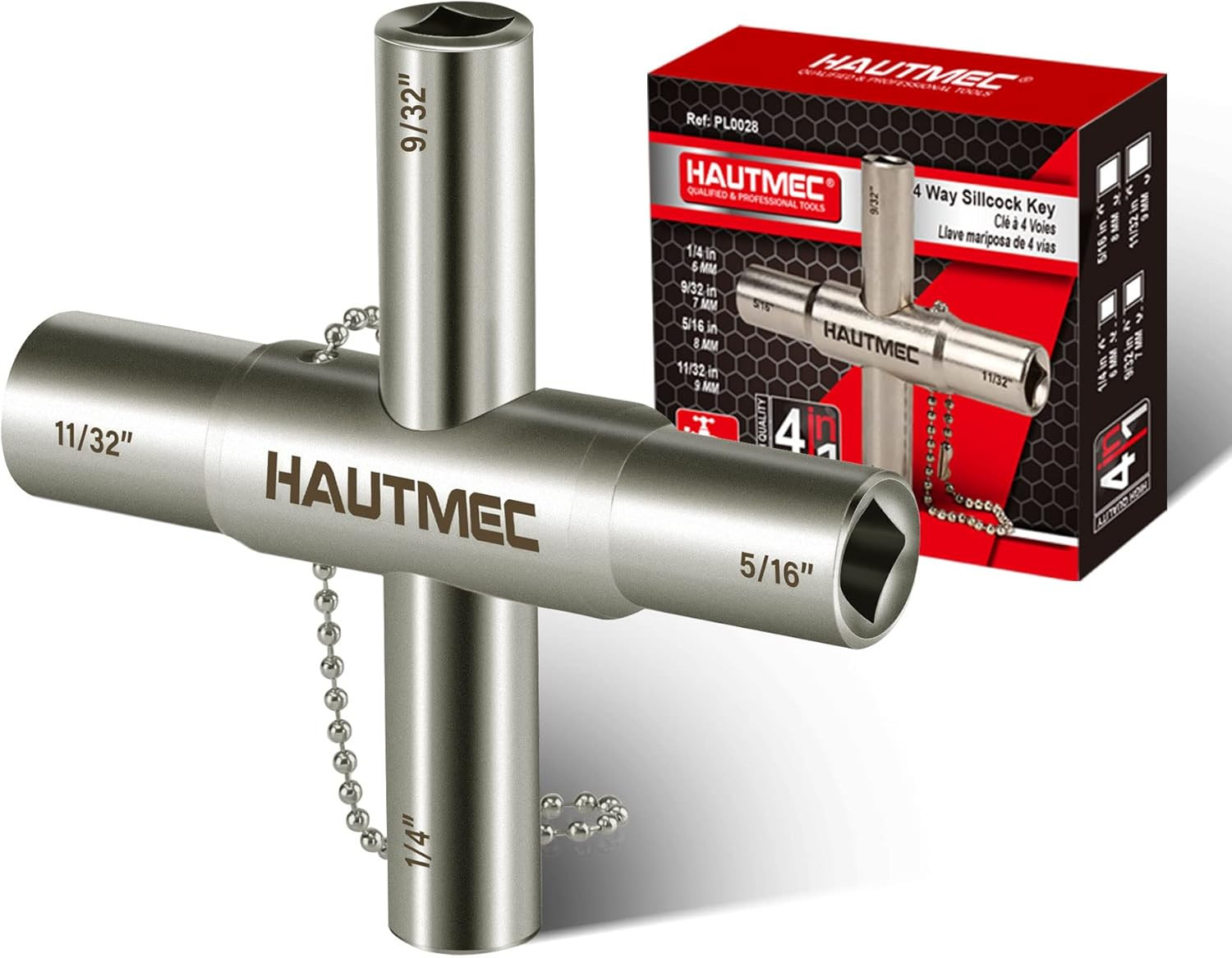 HAUTMEC 4 Way Sillcock Water Key, 1/4″, 9/32″, 5/16″, 11/32″ Steel Multi-Functio