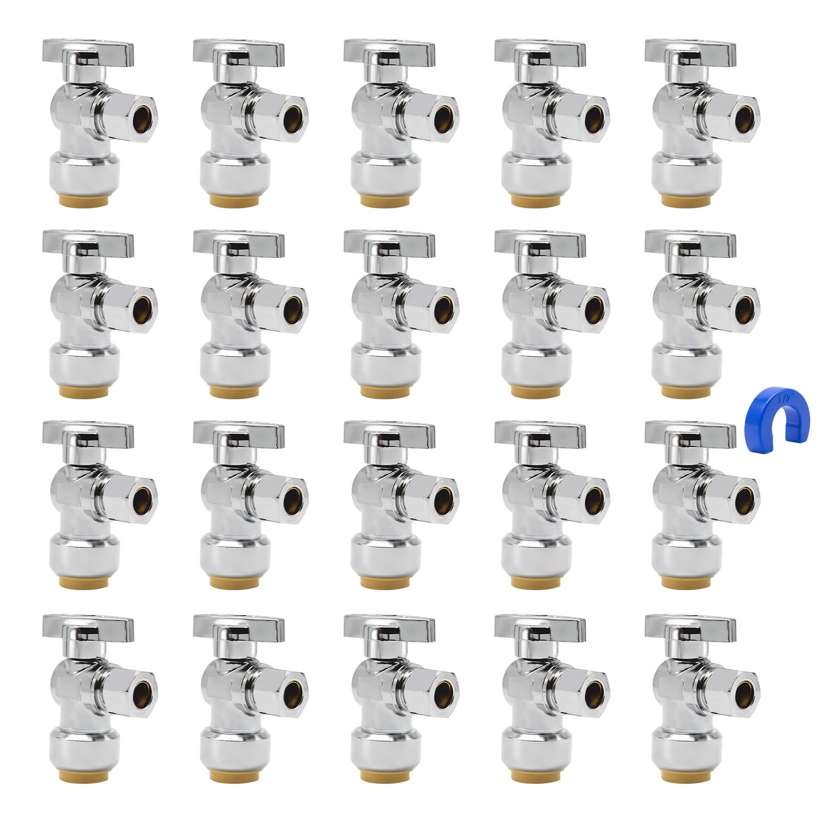 Pushfit Angle Shut Off Valve 20 Pack,1/2 Push-Fit x 3/8 Comp, Quarter Turn