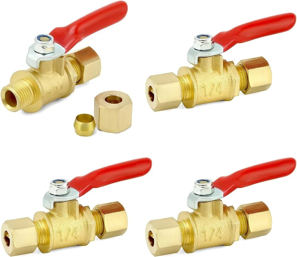 4 Pack 1/4” Compression Mini Ball Valves Lead-Free Brass Water Shutoff Valve Kit