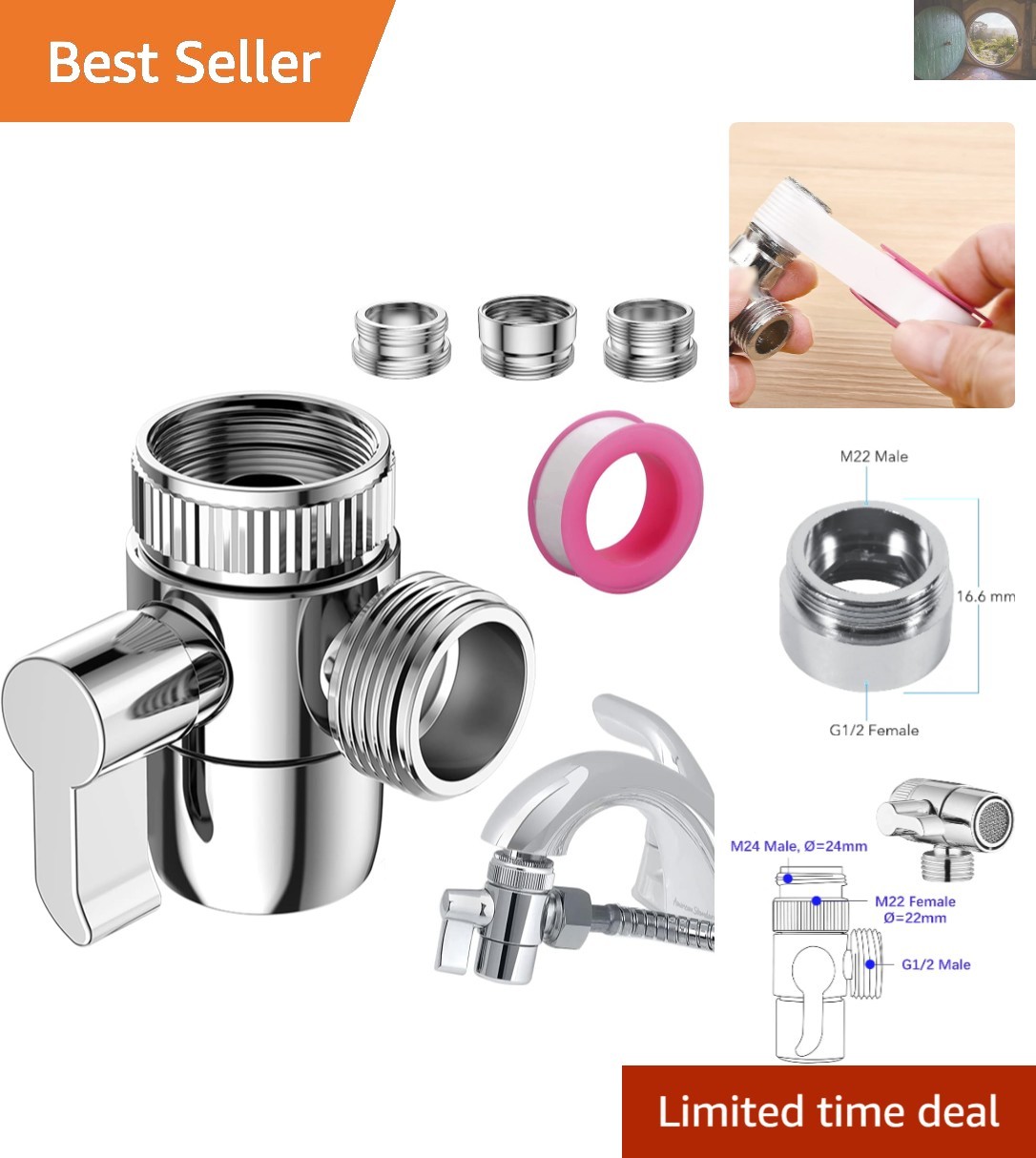 Chrome 3-Way Faucet Diverter Valve with Adapters for Shower & Sink Control