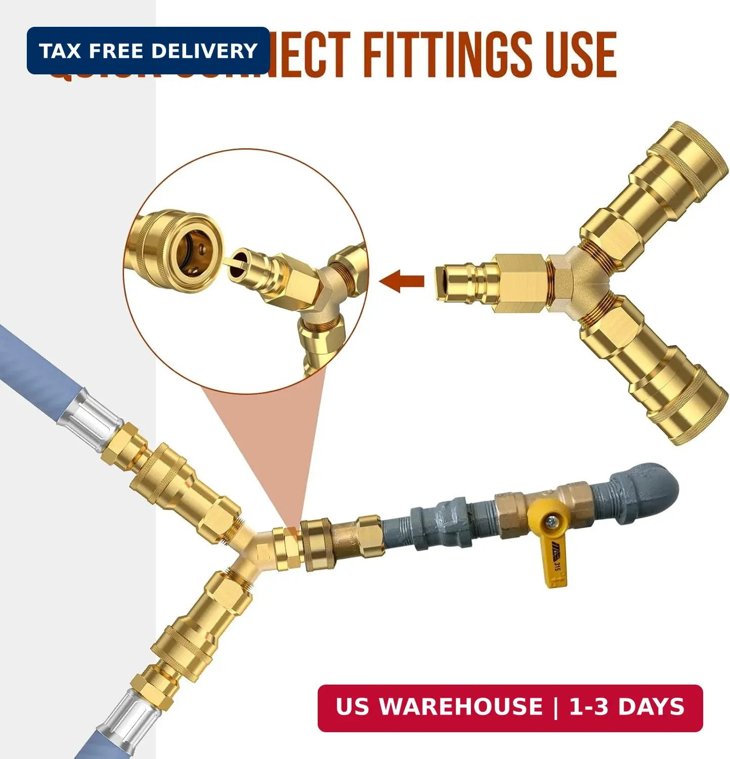 3/8 inch Natural Gas Y Splitter, 2-Way Natural Gas Quick Connect Fittings with S