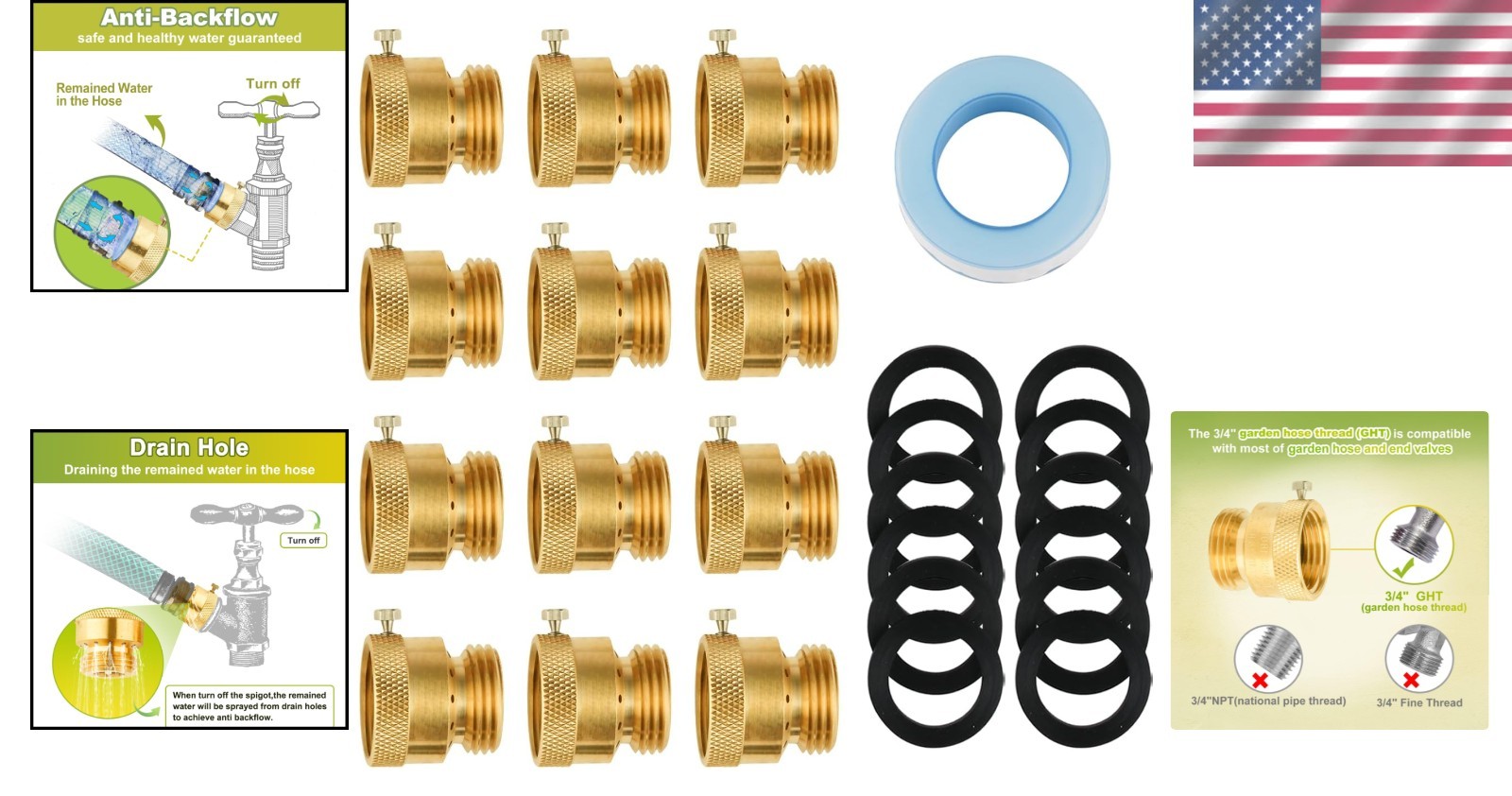 12-Pack Brass Anti Siphon Valve for Garden and RV Hose Bibs 3/4 Inch GHT