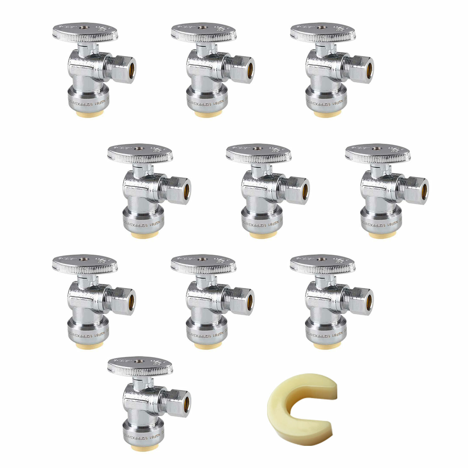 EFIELD 10 PCS 1/2″ PUSH FIT X 3/8″ OD ANGLE VALVE 1/4TURN WITH CLIP, LEAD FREE