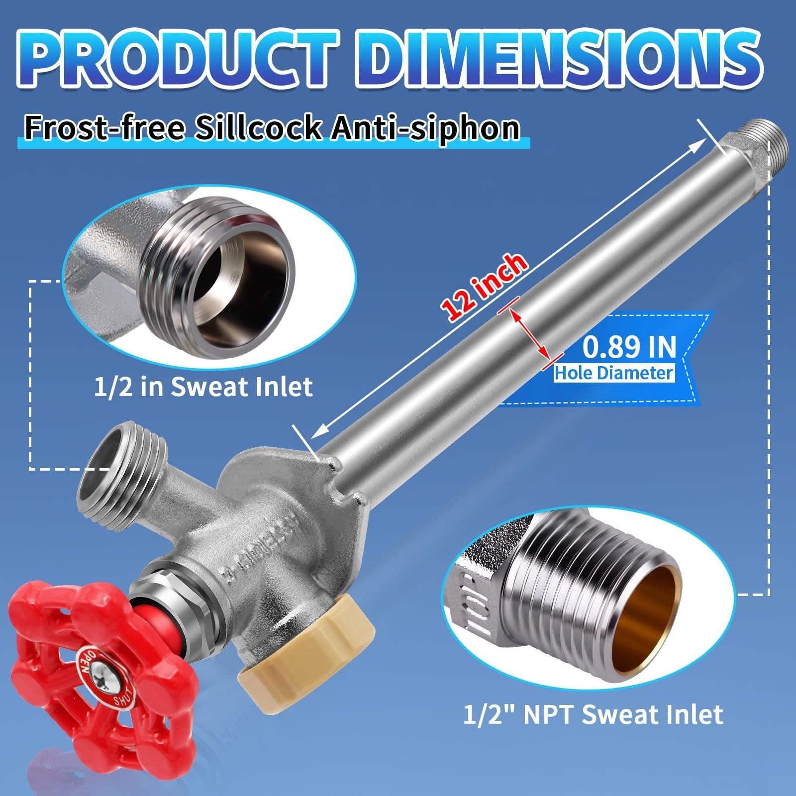 Boltigen 12inch Anti-Siphon Frost Free Sillcock Valve, No Lead Brass Freeze P…