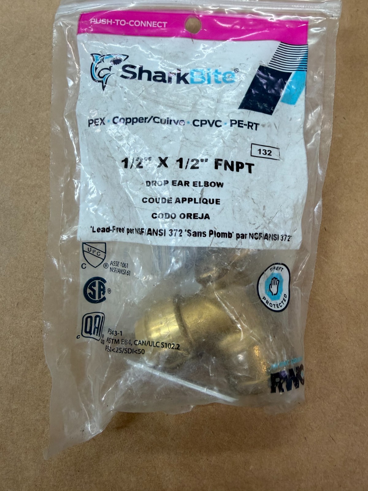 Shark Bite 1/2″ x 1/2″ FNPT Push-to-Connect U334LFA Drop Ear Elbow