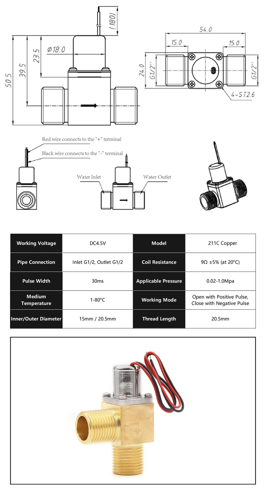 Automatic Urinal Flush Valve DC4.5V G1/2 Latching Solenoid Sensor Controller
