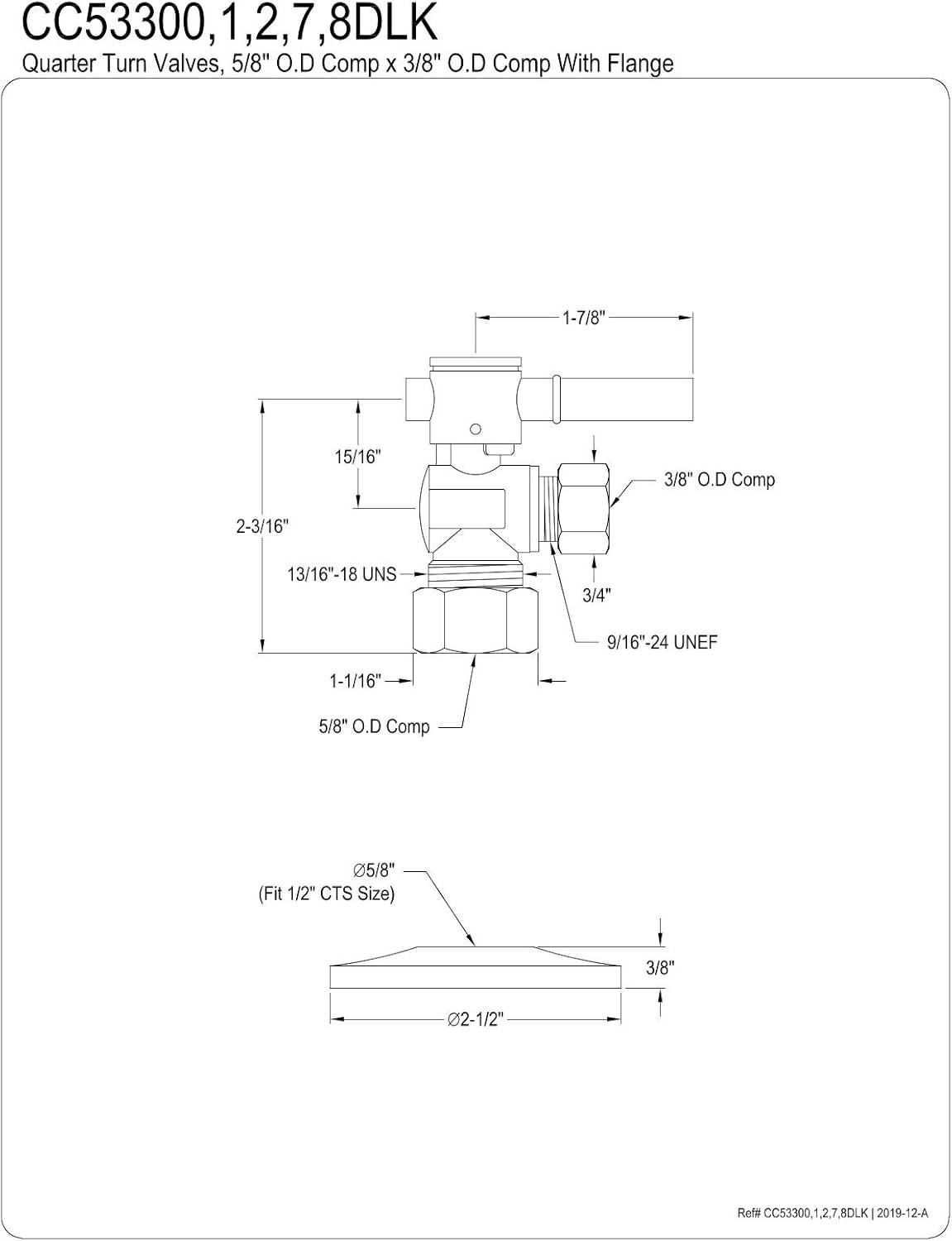 CC53307DLK 5/8-Inch X 3/8-Inch OD Comp Quarter-Turn Angle Stop Valve with Flange
