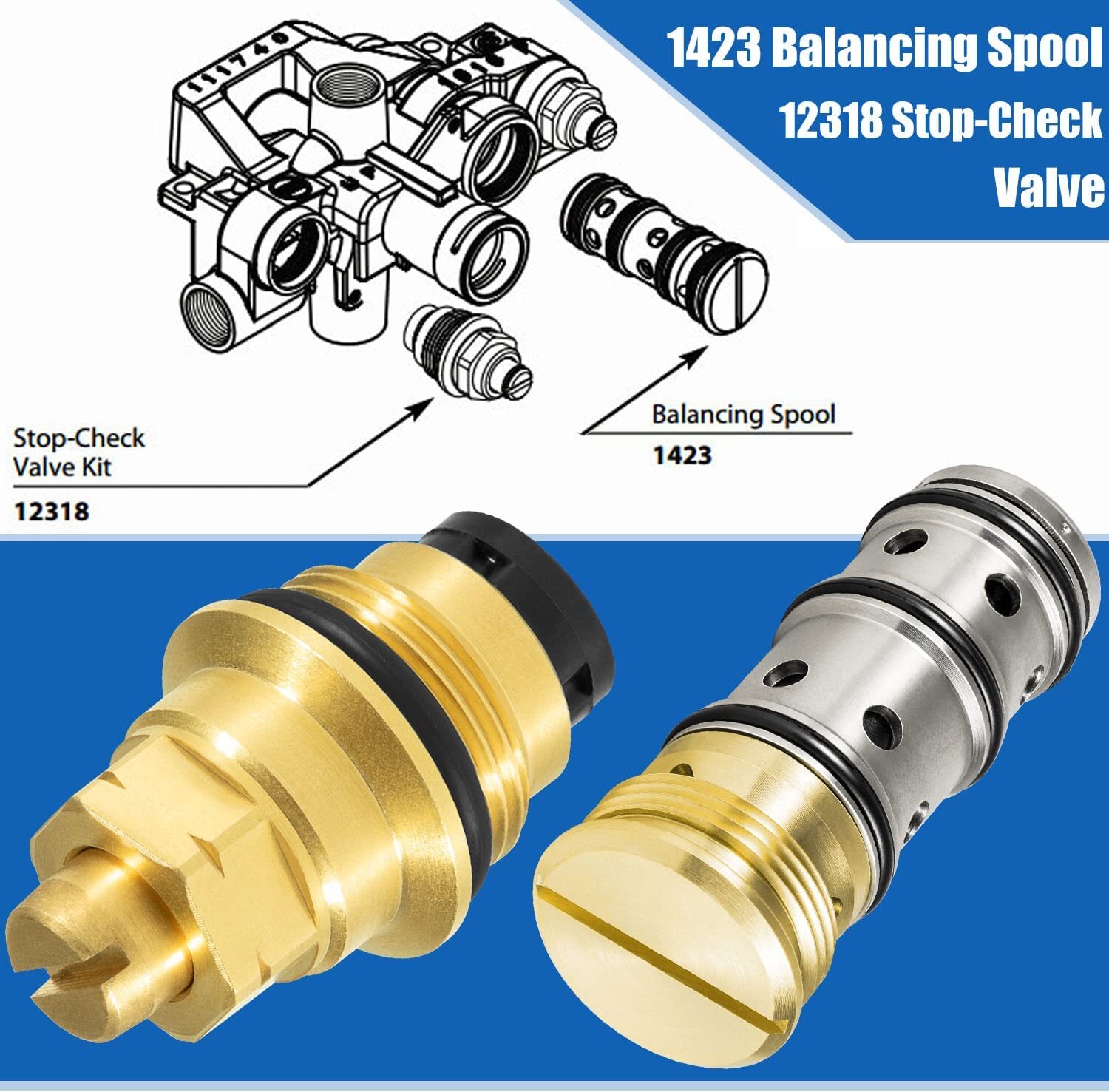 1423 Balancing Spool 132343 &12318 Stop-Check Valve Kit for Moen Tub and Shower
