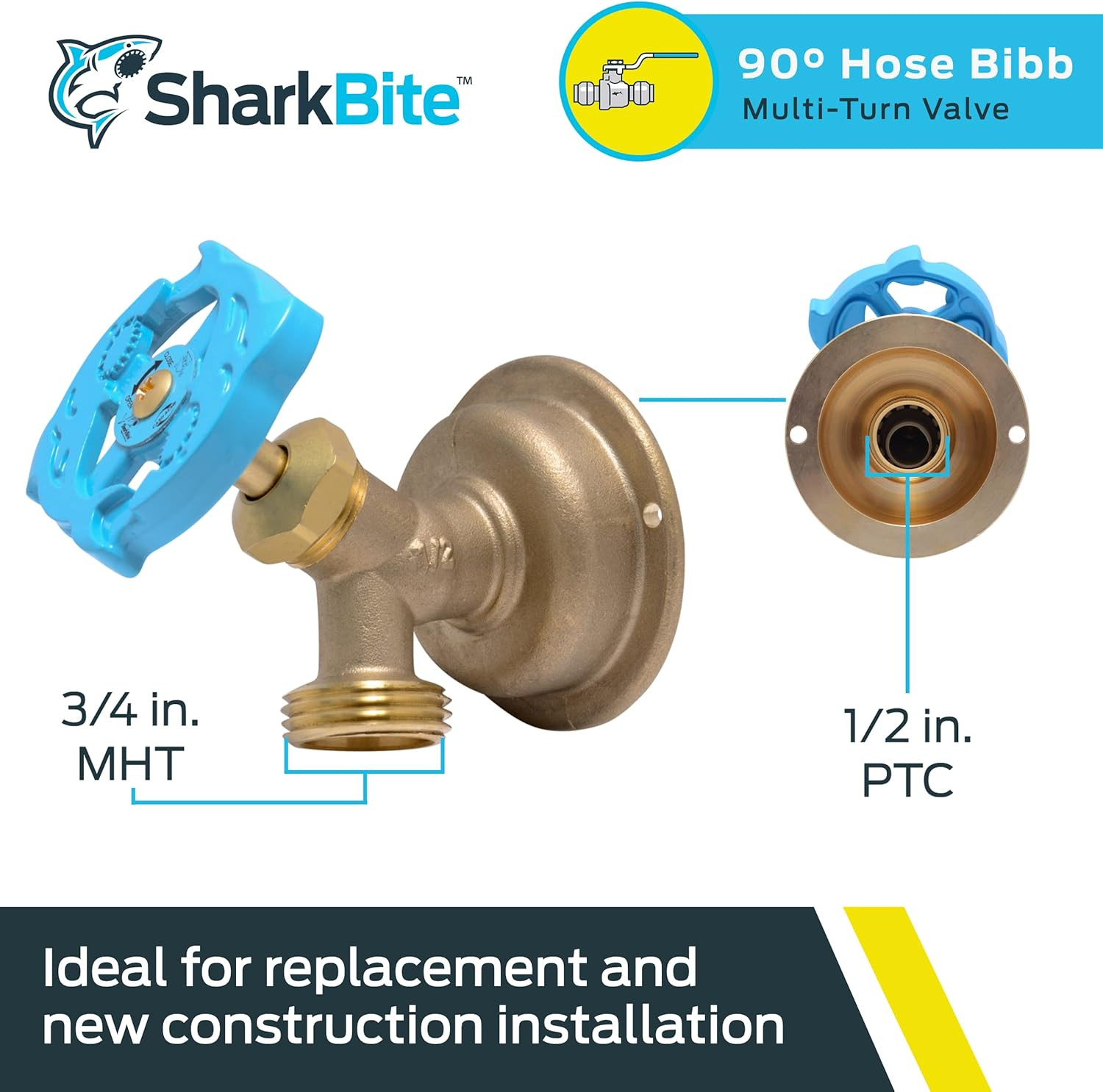 1/2 X 3/4 Inch MHT 90 Degree Hose Bibb, Multi Turn, Push to Connect Brass Plumbi