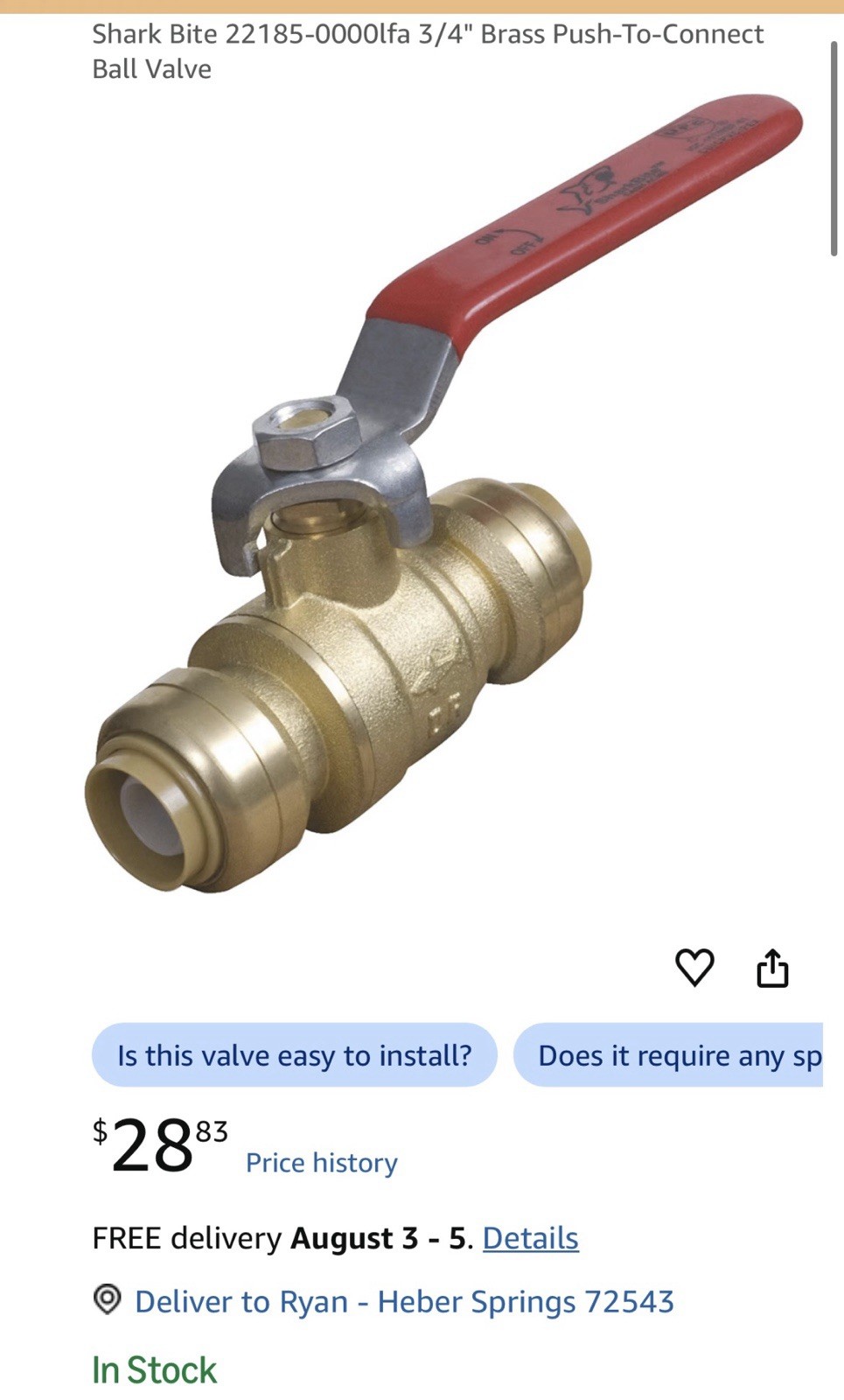 Shark Bite 22185-0000lfa 3/4″ Brass Push-To-Connect Ball 697285012585