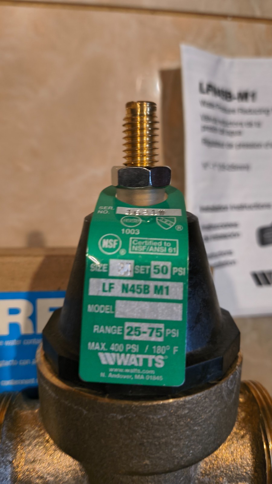 Watts 1 Inch Lead Free Brass FPT Pressure Reducing Valve LFN45BU1 M1-1