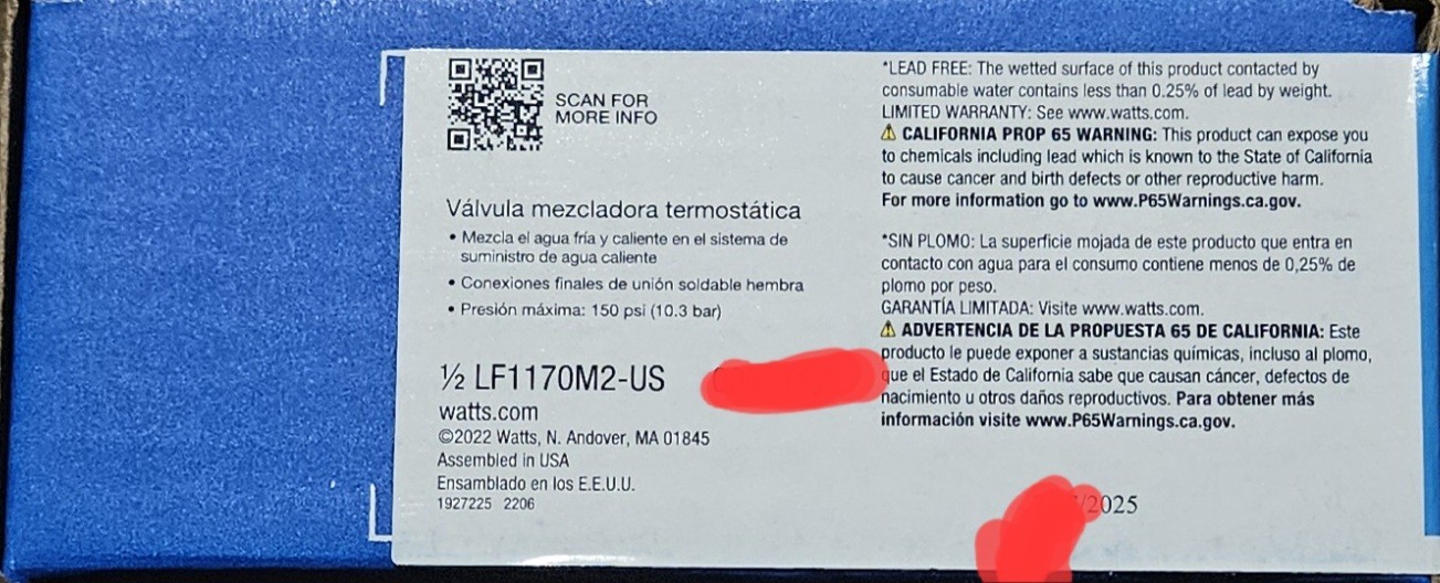 💦 BRAND NEW Watts 1/2” Thermostatic Mixing Valve LF1170M2-US EDP#0960157 💦
