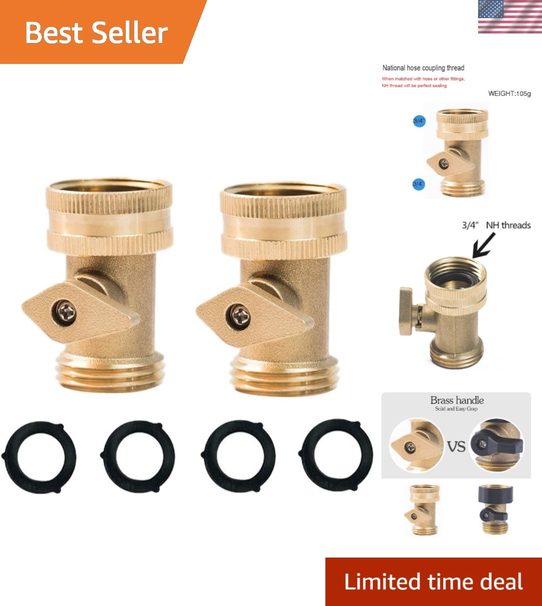 All-in-One Brass Shut Off Valve Set with Washers – Perfect for Garden Hoses 2PCS