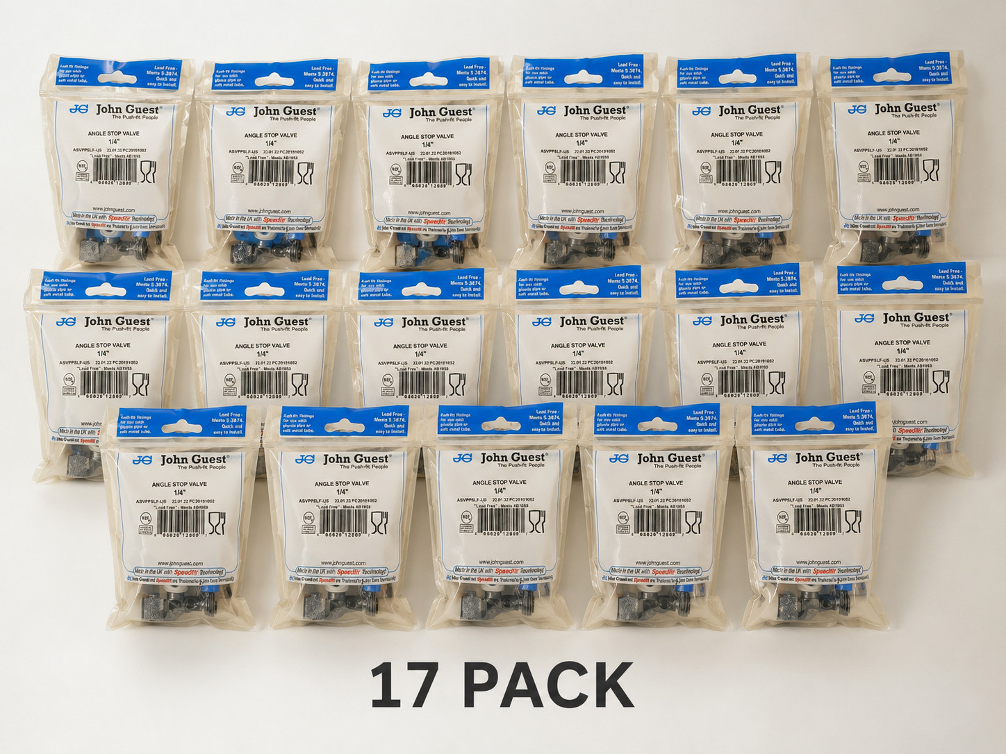 John Guest Angle Stop Adapter Valve, 1/2 x 3/8 x 1/4 OD ASVPP5LF (Lot of 17)
