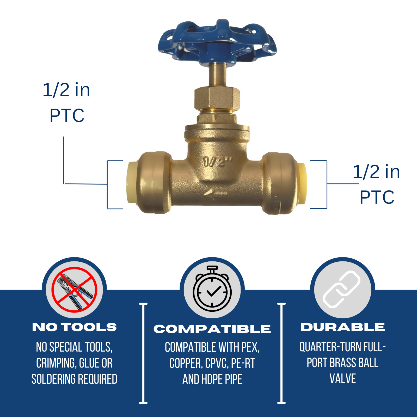 1 Piece XFITTING 1/2″ Push Fit Stop Valve with Drain and Vent, 2-5-1=1