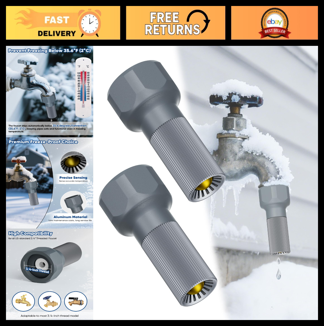 2pcs 3/4-Inch Thread Faucet Freeze Protection Valve – Outdoor Frost Proof Cover