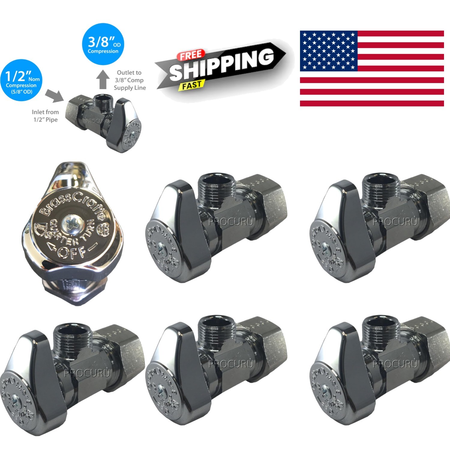 4 Pack Angle Stop Valve Chrome Brass 1/2 Inch Inlet 3/8 Inch Outlet Compression