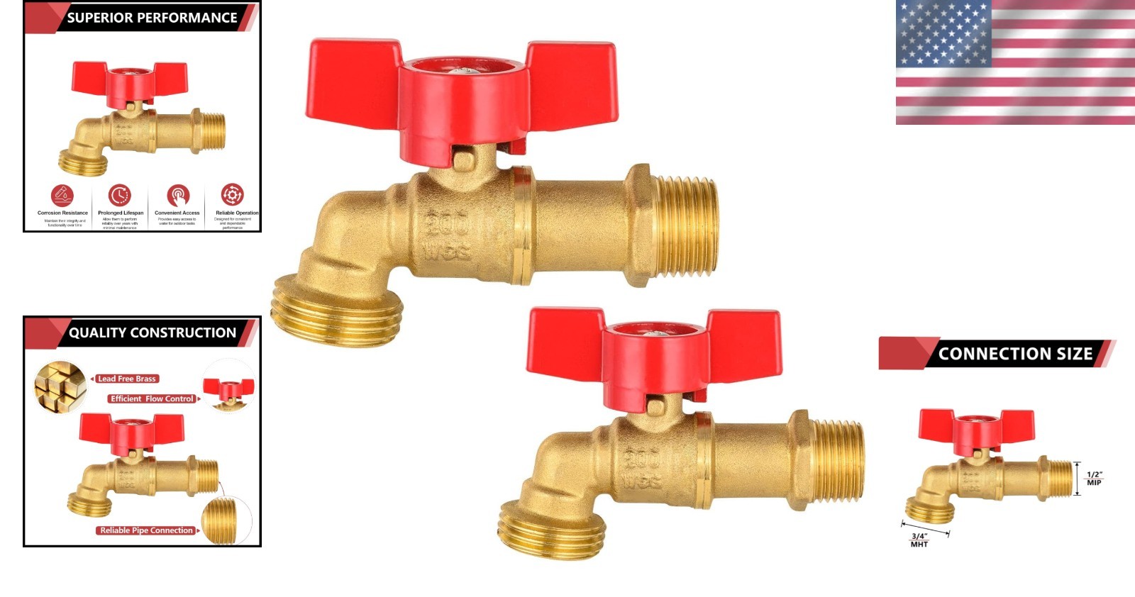 2 Pack Brass Sillcock Hose Bibb Valve 1/2 X 3/4 MIP/MHT 1/4 Turn Brass Lead Free