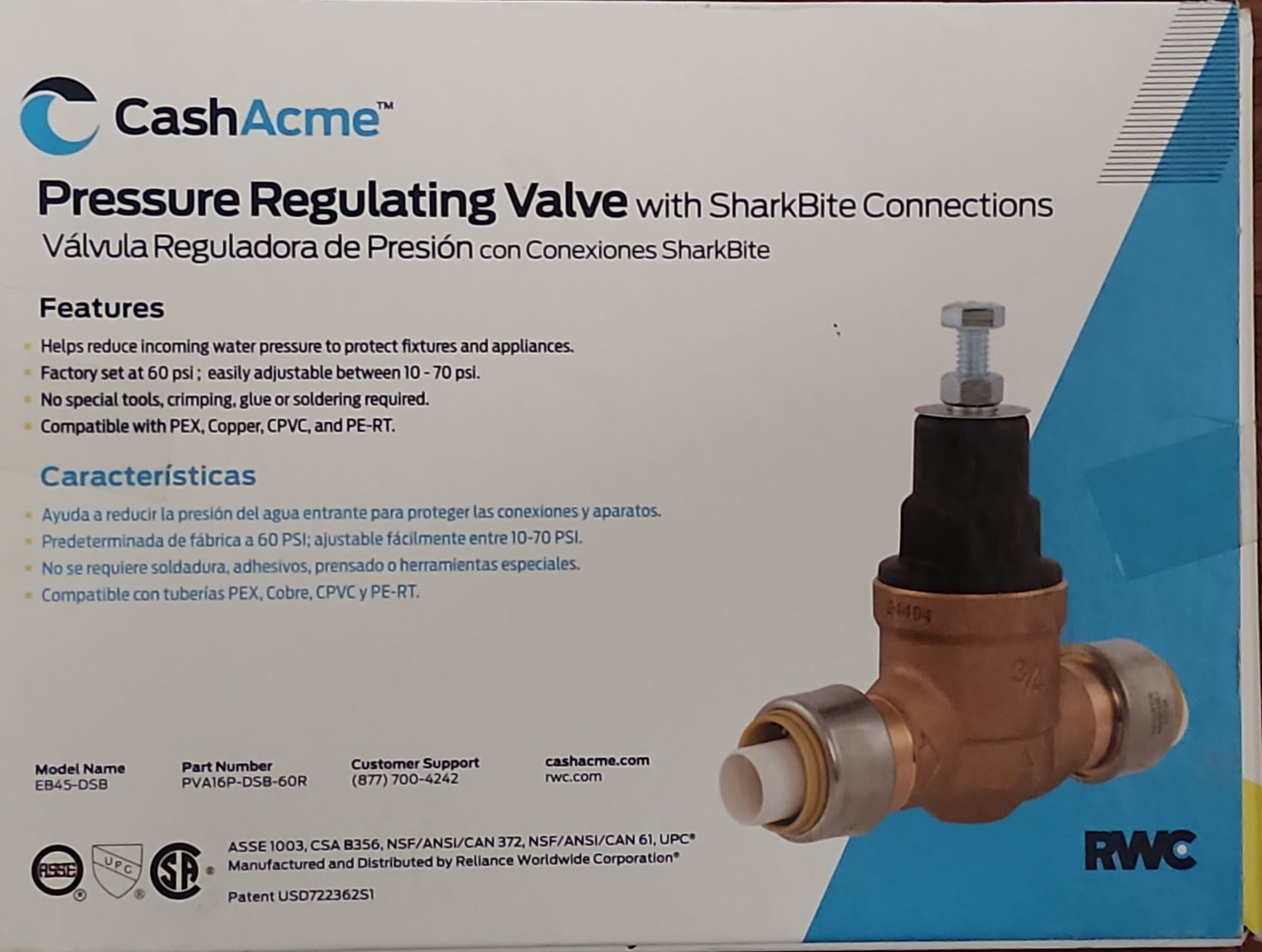 Cash Acme PVA16P-DSB-60R Brass Push-to-Connect EB45 Pressure Valve 3/4 in 60 PSI