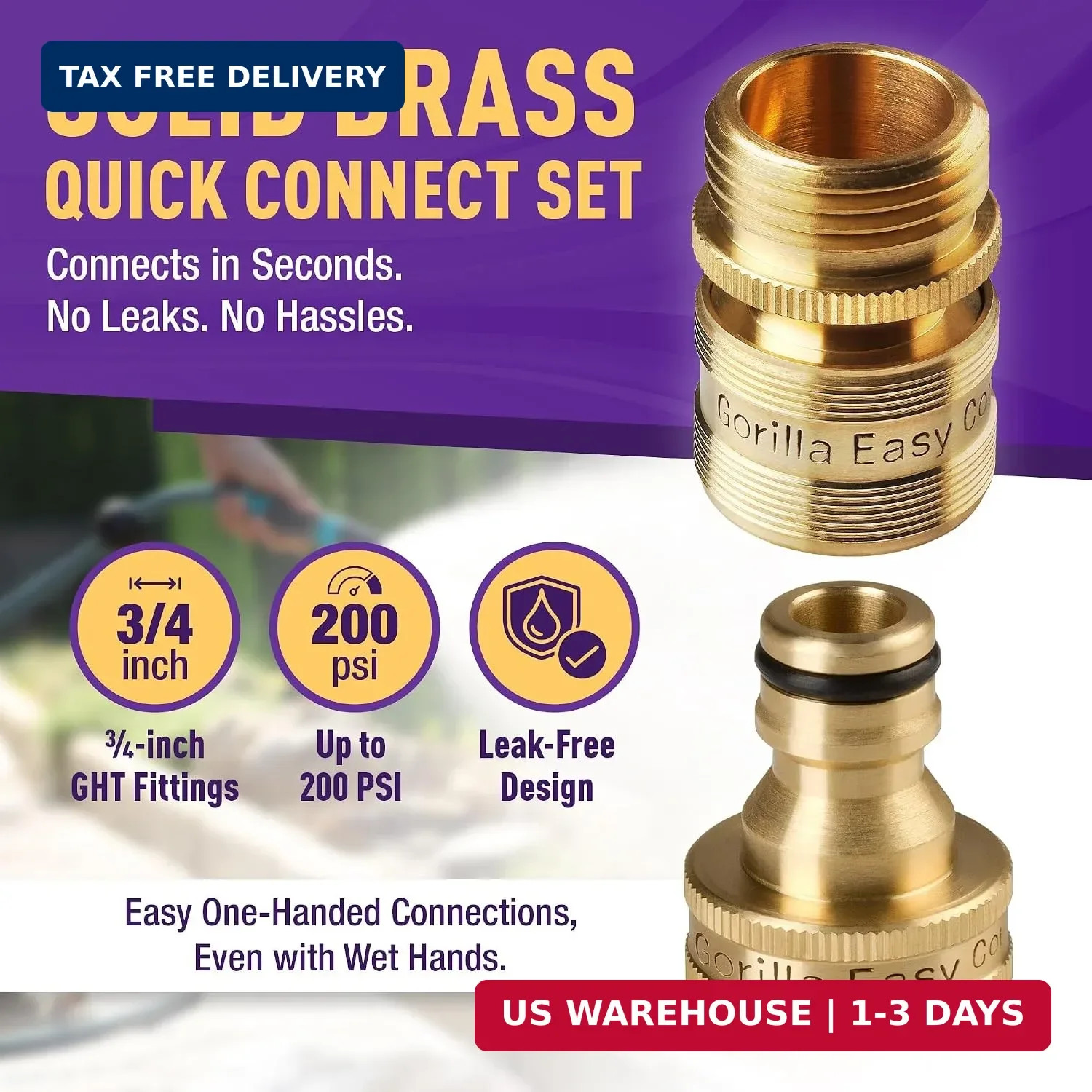 Garden Hose Quick Connect Fittings ¾ Inch GHT Solid Brass Leak Proof to 200 PSI