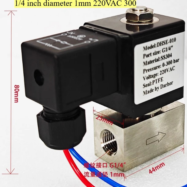 0~300 Bar Stainless Steel High Pressure Solenoid Valve 1/4 AC 220v 24v