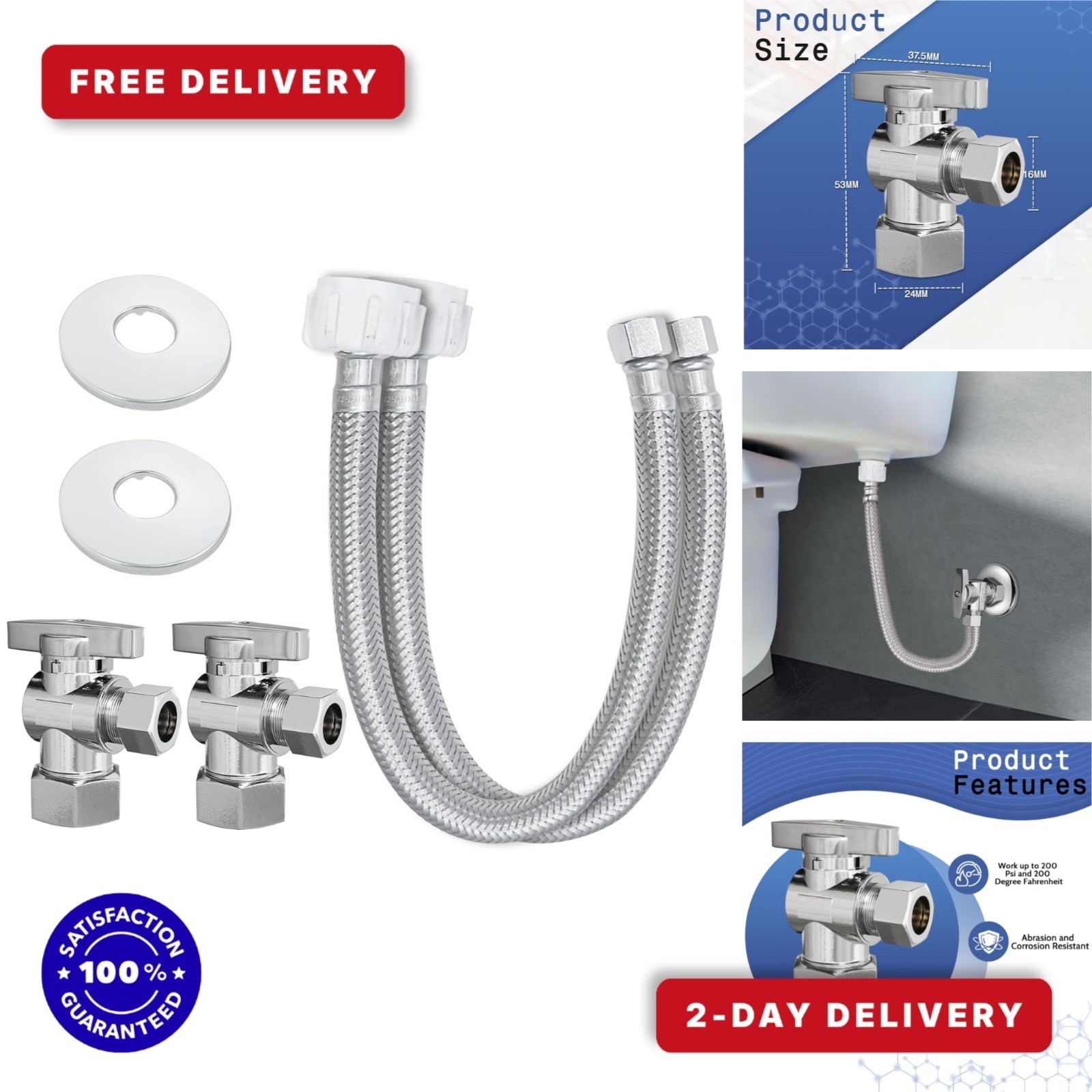 PURAGEIR 2 Pack Complete Toilet Set Valve with Stainless Steel Supply Line