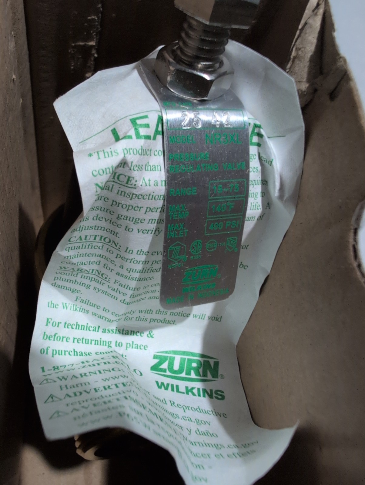 Zurn Wilkins 34-NR3XL 3/4 in FIP Bronze Pressure Reducing Valve w/One Connector