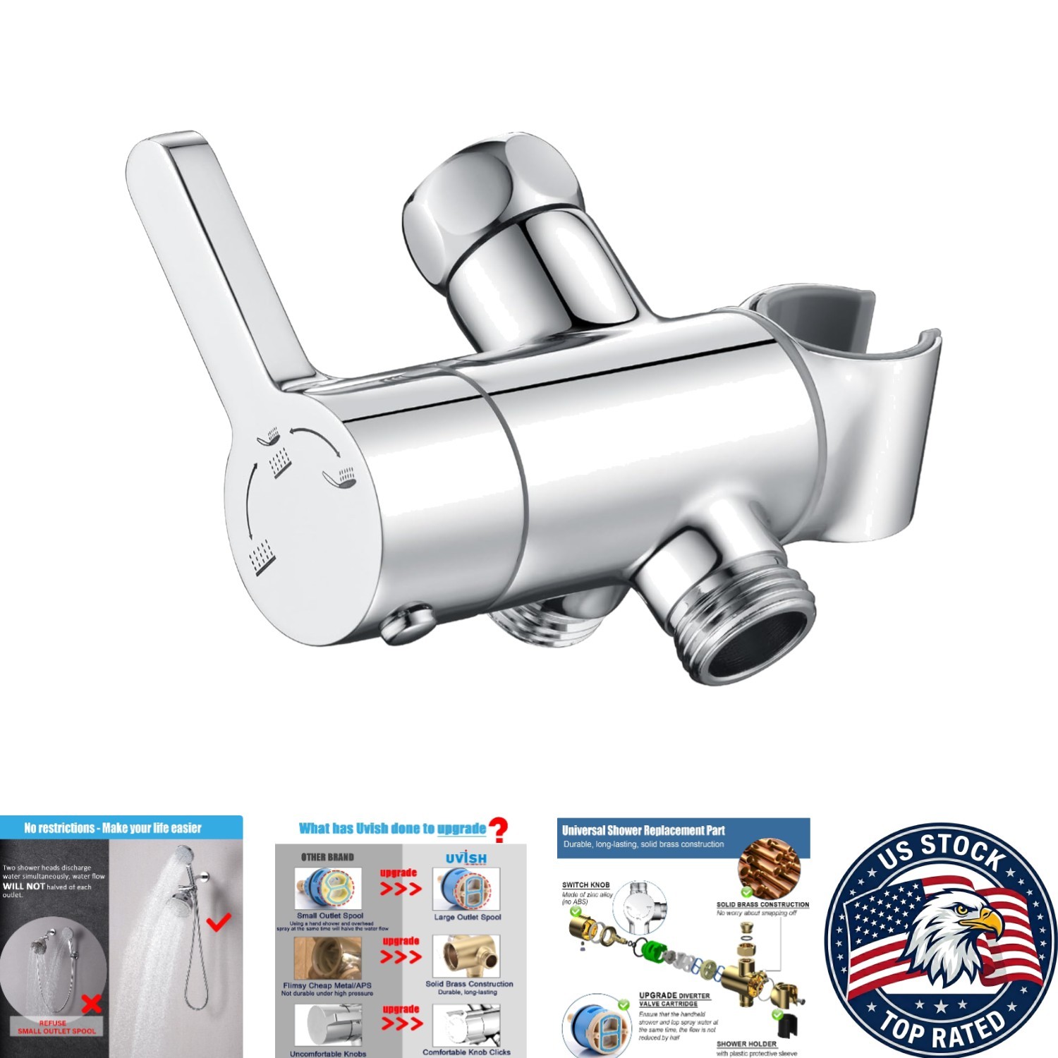 Universal 3-Way Shower Arm Diverter Valve with Chrome Finish for All Showerheads