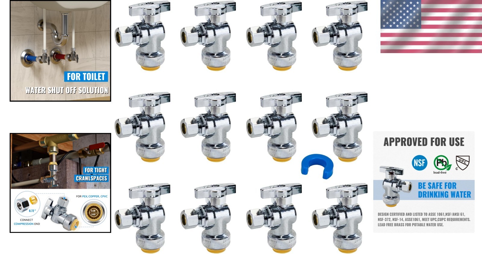 12-Pack 1/2 x 3/8 Angle Stop Valves, Lead-Free Brass Plumbing Fittings