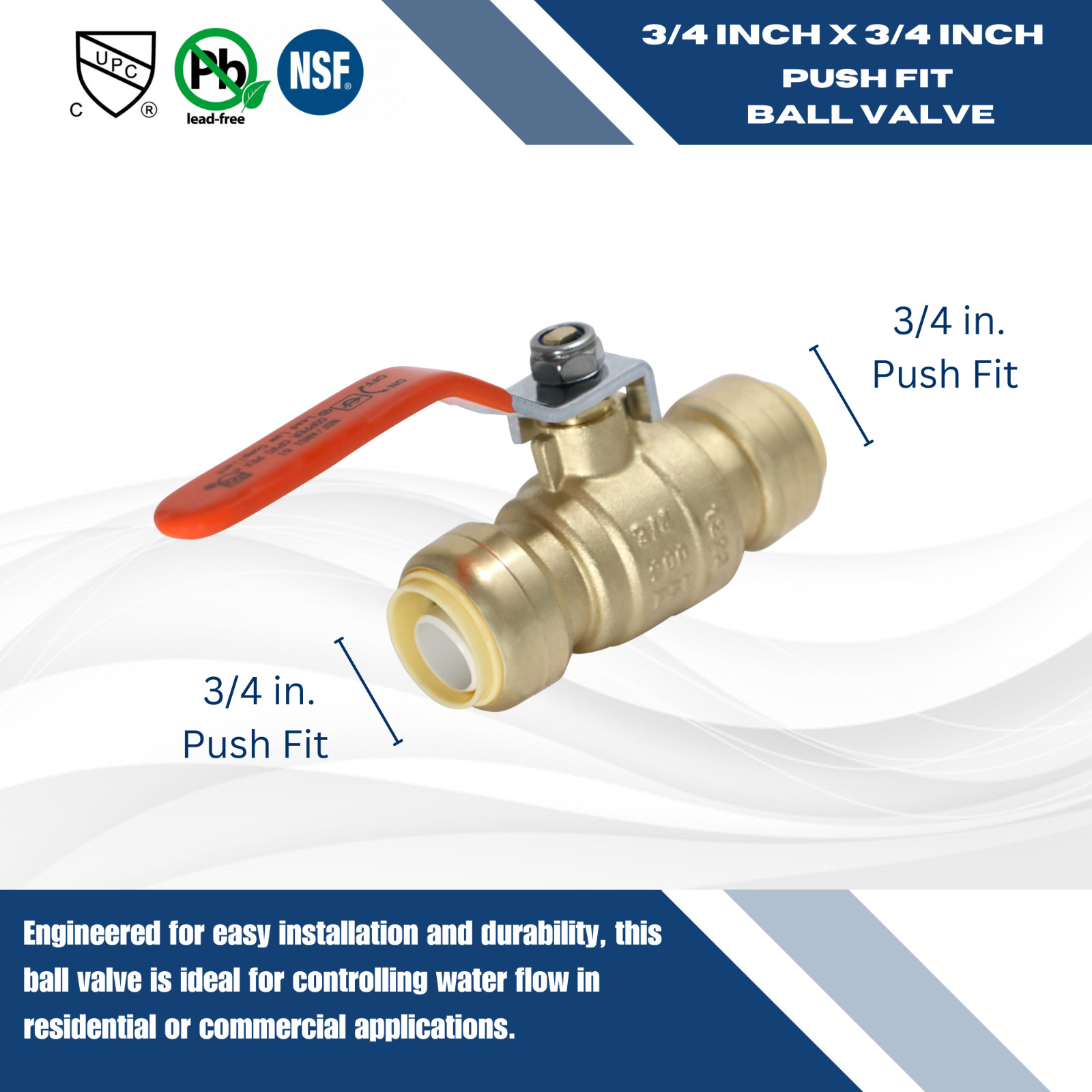 10 PIECES 3/4″ PUSH FIT BALL VALVE, FULL PORT, LEAD FREE BRASS