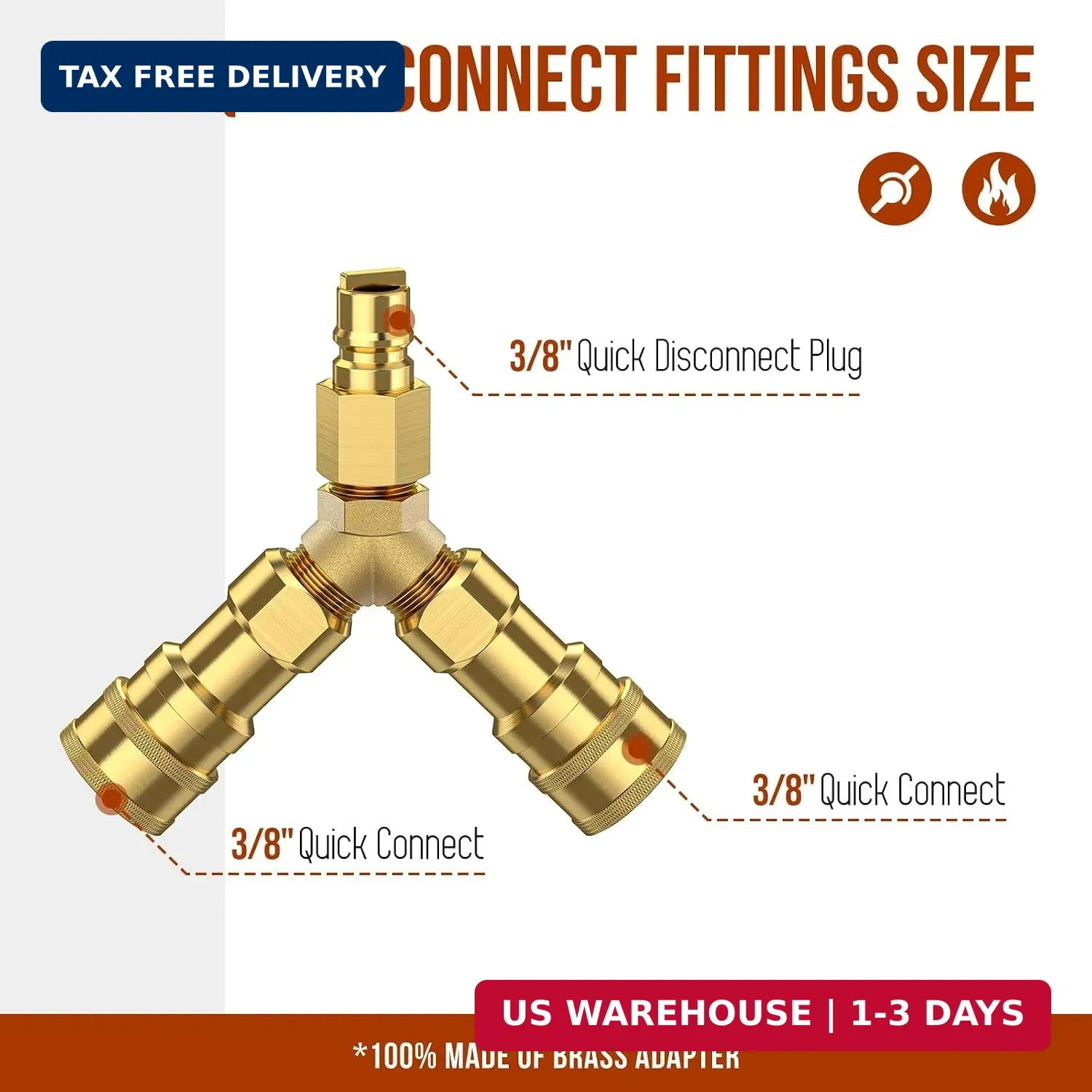 3/8 inch Natural Gas Y Splitter, 2-Way Natural Gas Quick Connect Fittings with S