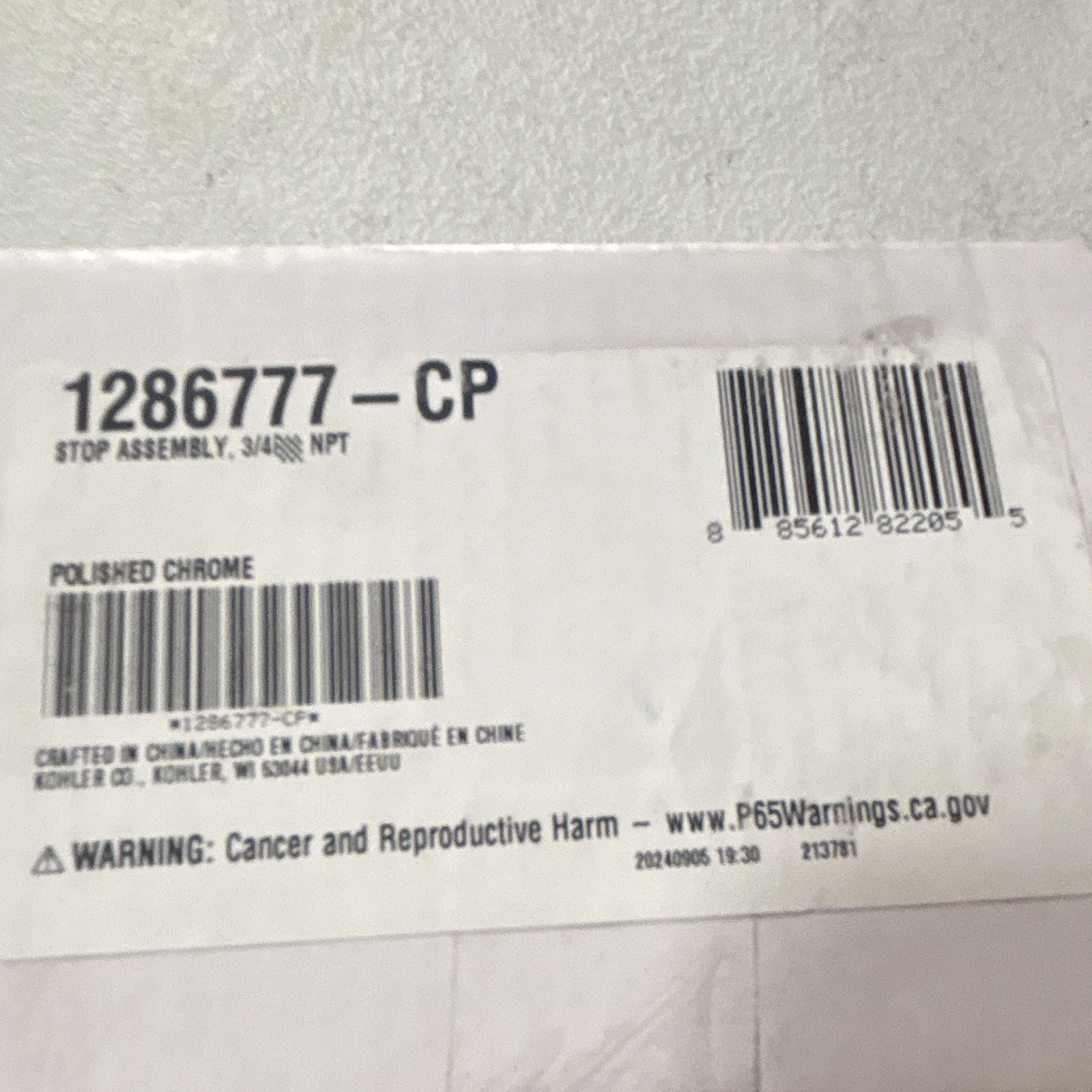 Kohler 1286777-CP Stop Valve Stop Assembly 3/4 in NPT 90° Elbow Chrome