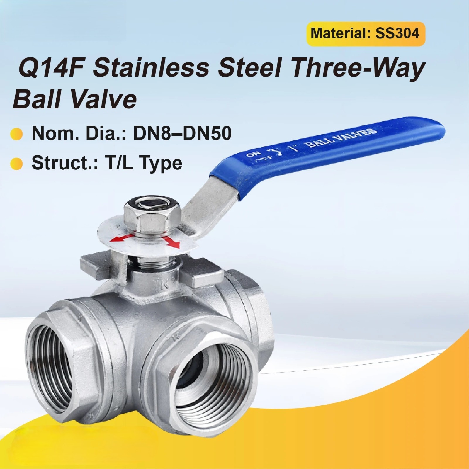 Ball Valve 304 Stainless Steel 3 Way Female Thread T L Port DN8-DN50 Industrial