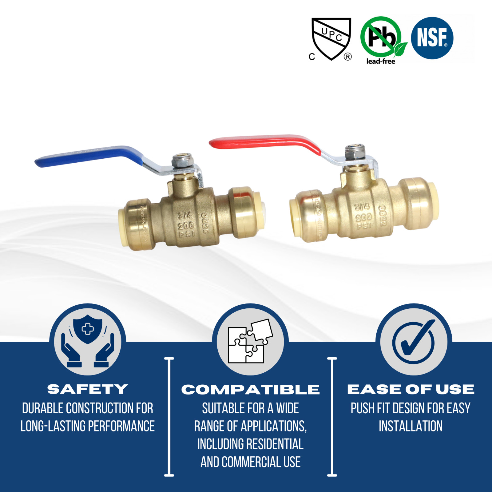 10 Pcs. 3/4″ Push Fit Ball Valve Hot and Cold, Lead Free Brass, 28-2-3&4=10