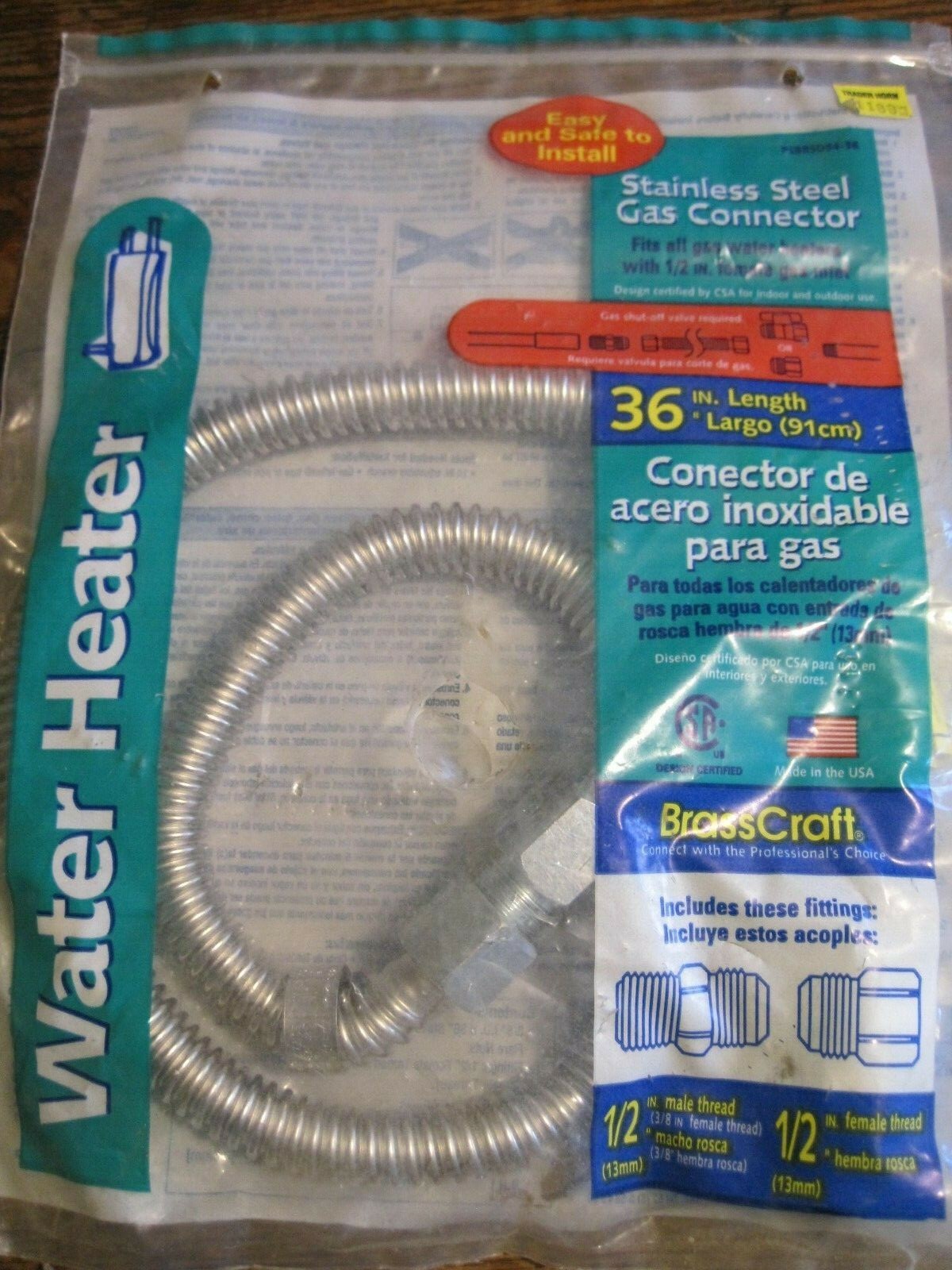 NOS Brass Craft PSBRSD54-36/ 36″ Stainless Steel Gas WATER HEATER CONNECTOR