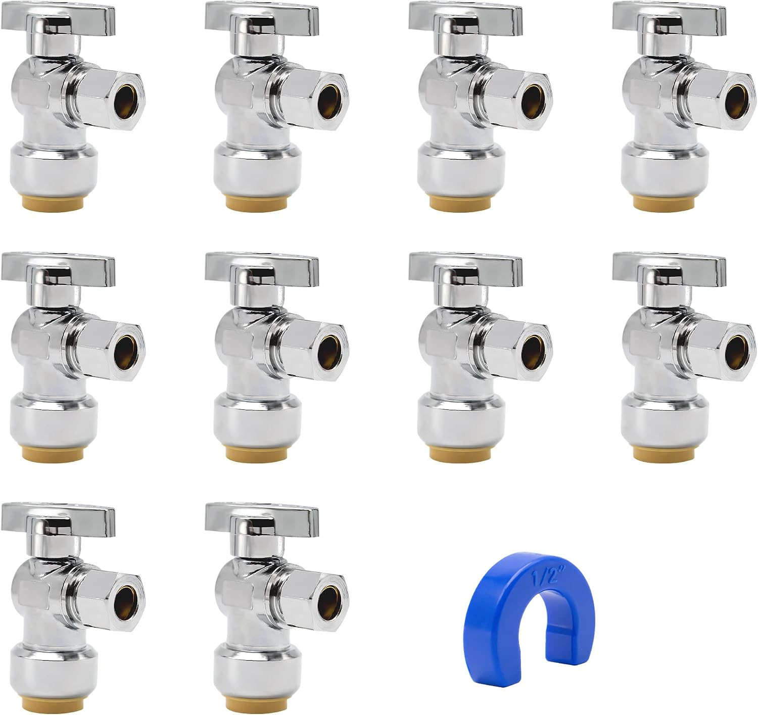 10 Pack Pushfit Angle Stop Faucet Valve, 1/2″ Push-Fit X 3/8″ Comp, Quarter Turn
