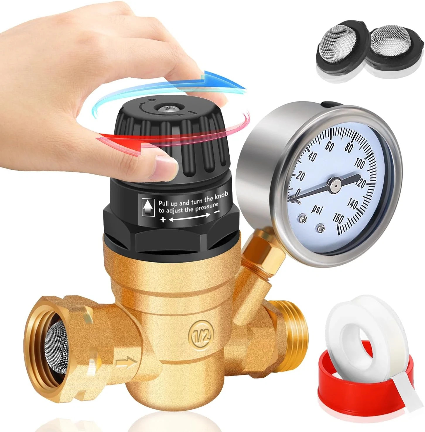 Boltigen RV Water Pressure Regulator with Gauge, Adjustable Handle Water Pressur