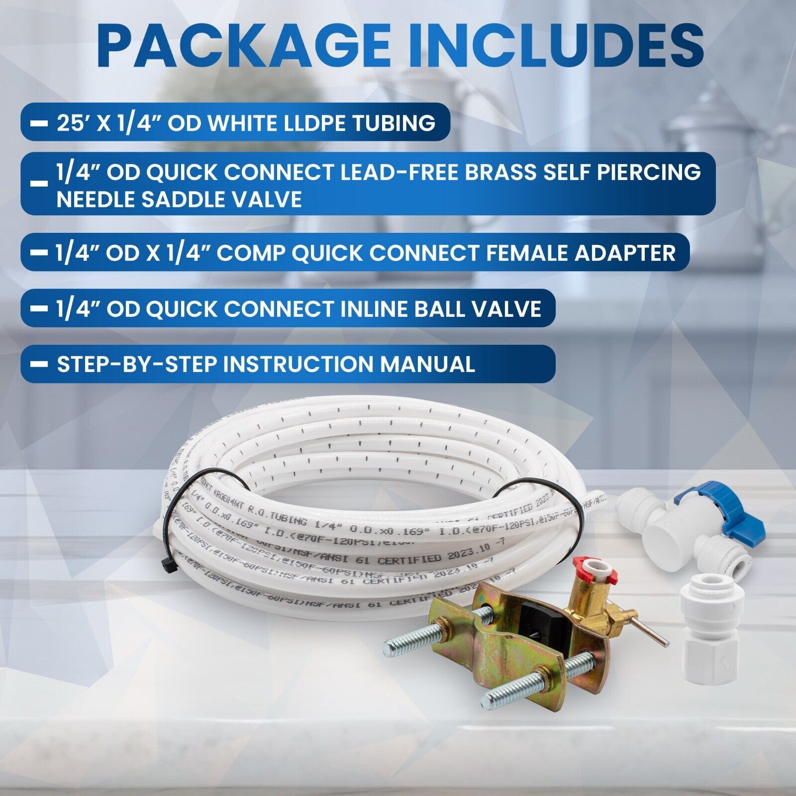 Ice Maker Water Line Kit 1/4″ OD QC Needle Valve, Adapter, Ball Valve, 25FT Tube