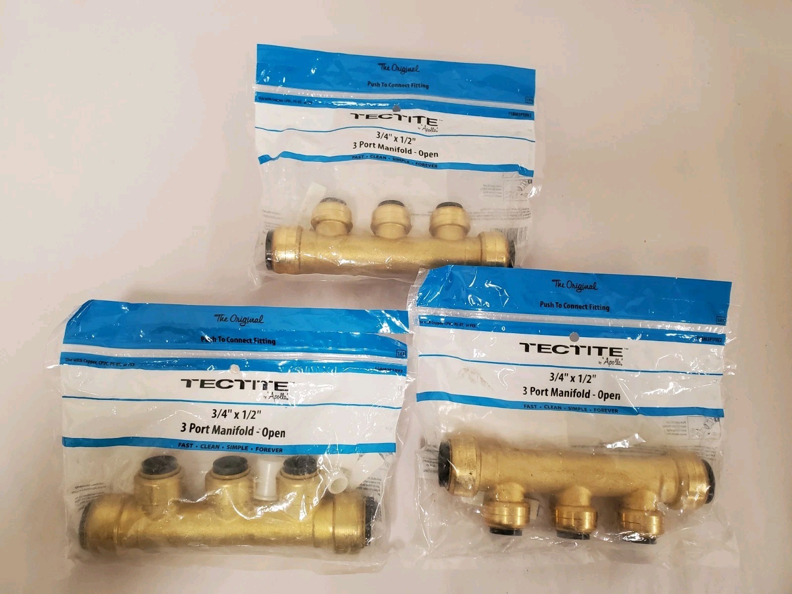 *3* Tectite 3/4″ x 3/4″ Brass PTC Inlets 3-Port Open Manifold 1/2″ Outlets