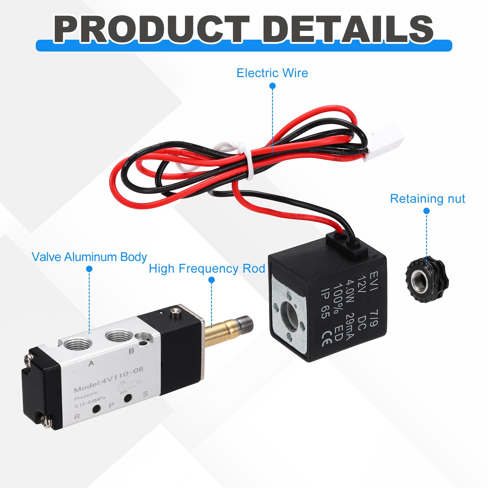 Pneumatic Solenoid Valve 3/8 Inch NPT 12V 5 Way 2 Position Aluminum Air Valve