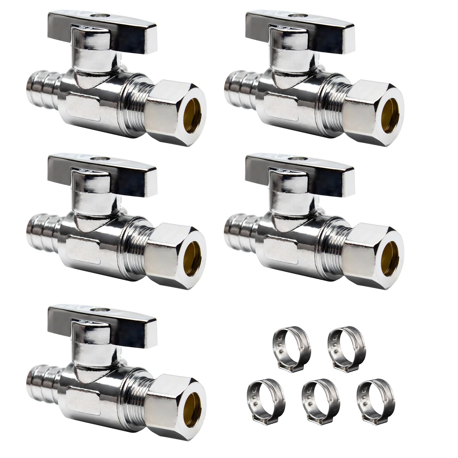 5 Pcs Straight Stop Valve 1/2 Pex x 3/8 OD Compression Shut Off Brass Plumbing