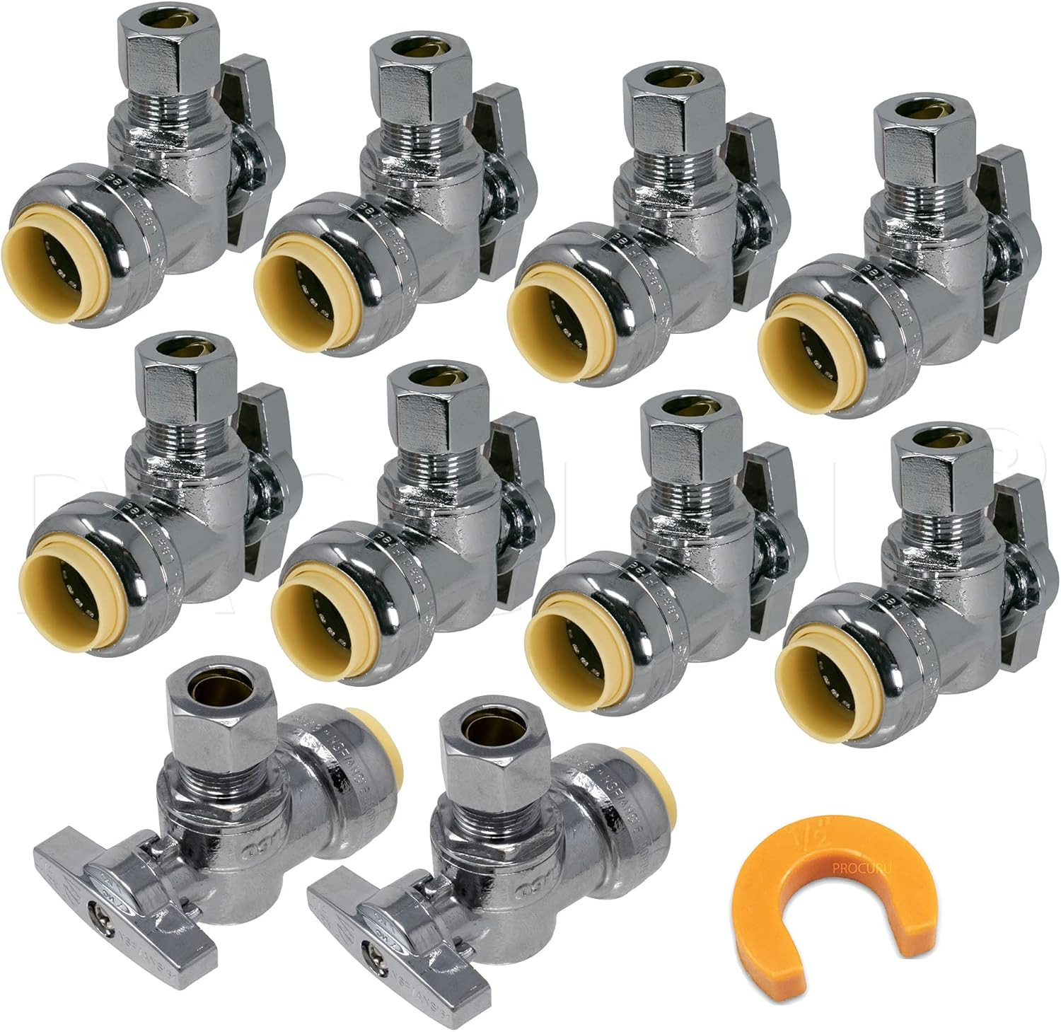 [10-Pack] Pushfit Angle Stop Valve 1/2″ Push X 3/8″ OD Comp, Quarter-Turn Push-