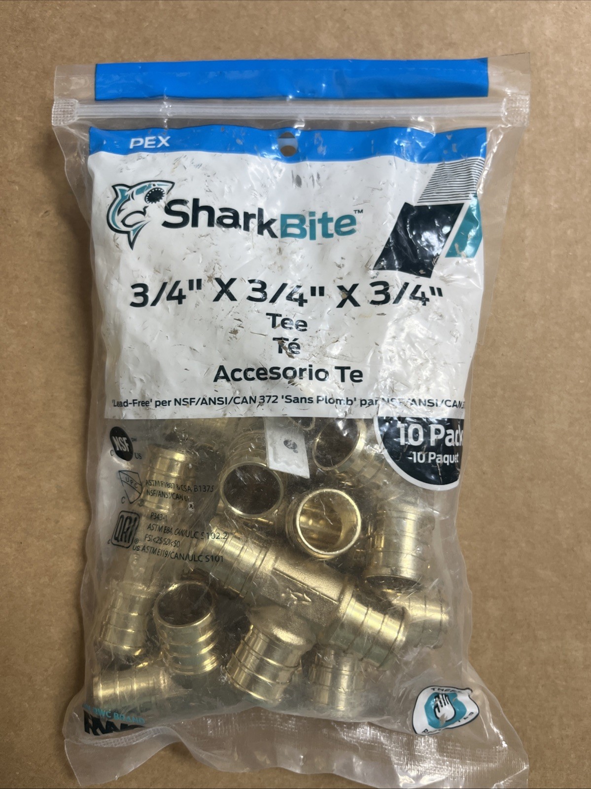 SharkBite 3/4 Inch Crimp Tee, Brass Plumbing Fitting, PEX Pipe (10PK)