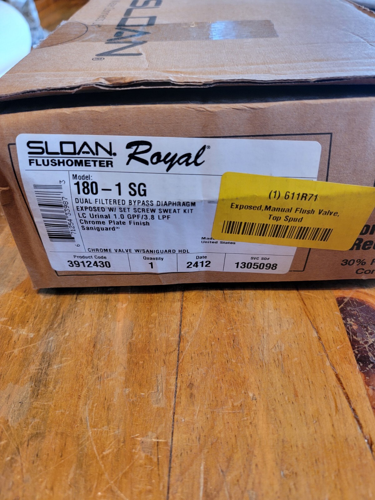 SLOAN Royal 180-1 SG Exposed,Manual Flush Valve,Top Spud 3912430 611R71