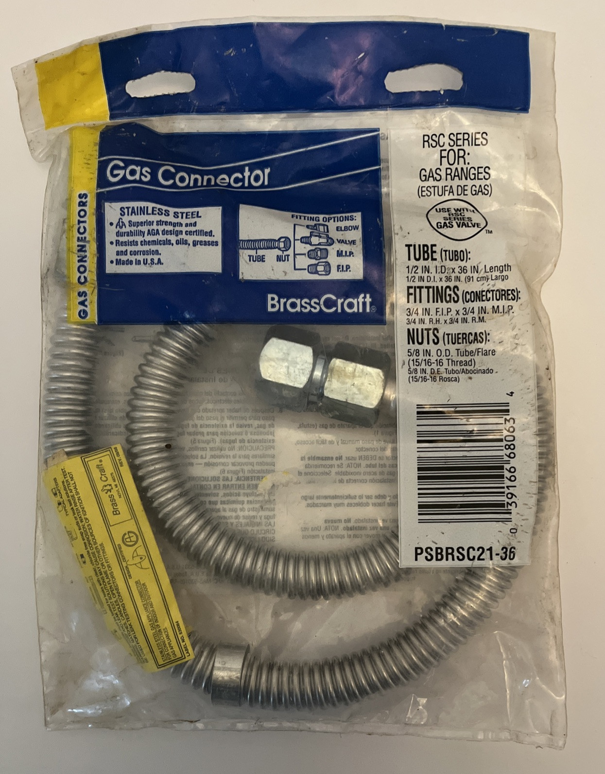 BRASS CRAFT STAINLESS STEEL GAS CONNECTOR 36″ LENGTH NEW